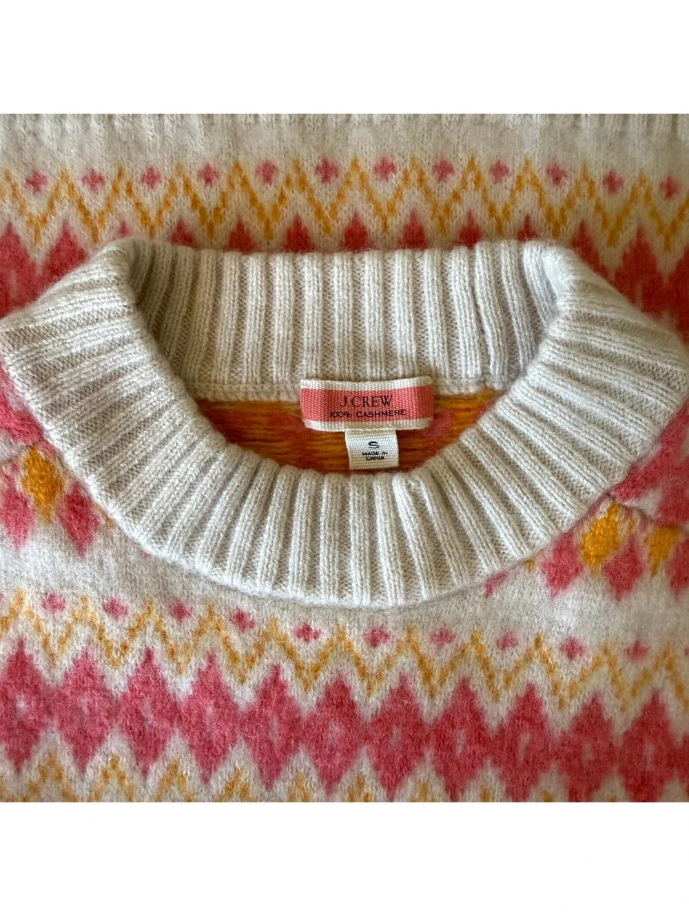 J.Crew 100% Cashmere Fair Isle Sweater Pink Orange Crewneck Women's S